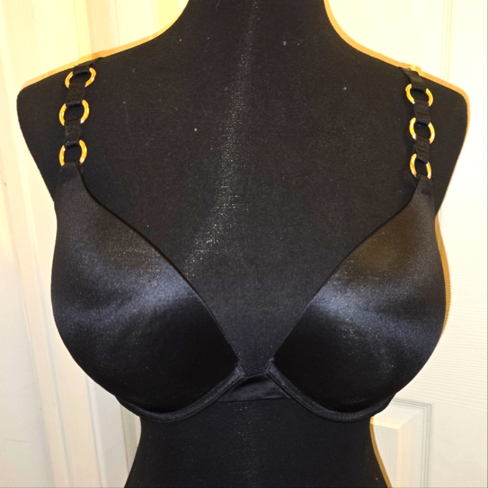Elegant Black Women's Push Up Bra with Gold Ring Strap Accents